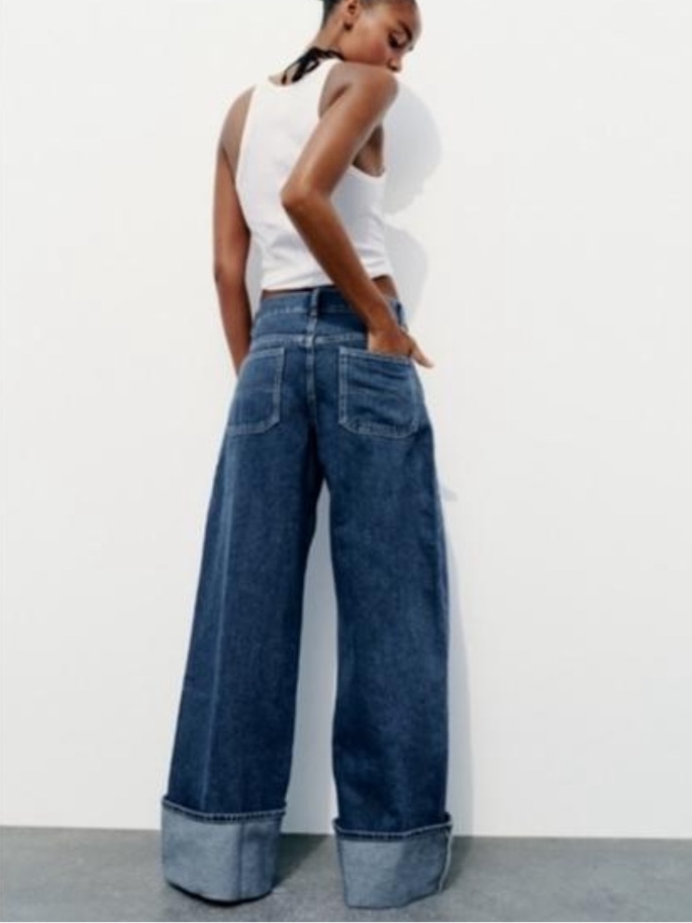 Zara WIDE LEG HIGH WAIST TURNED UP JEANS Blue